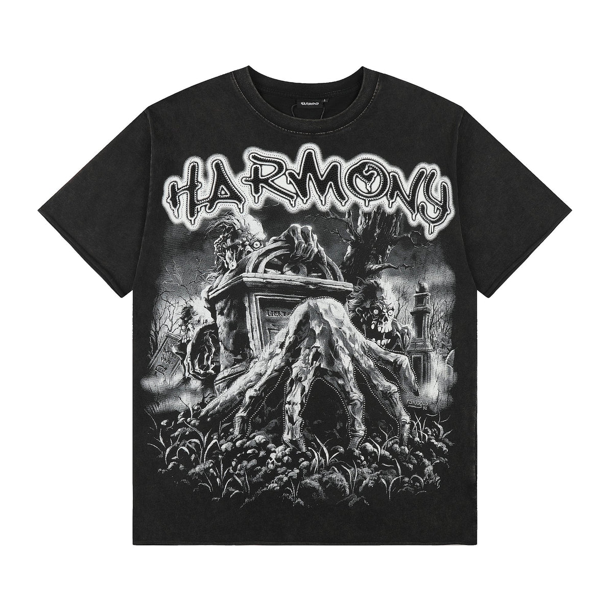 HARMONY Washed Black Rhinestone Graphic T-Shirt